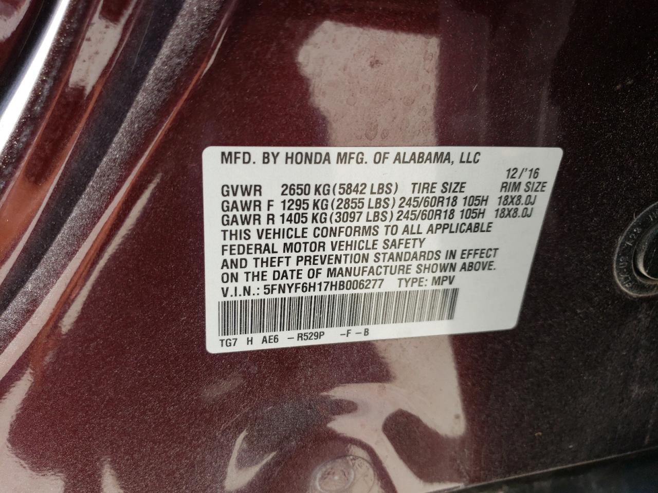 5FNYF6H17HB006277 2017 Honda Pilot Lx