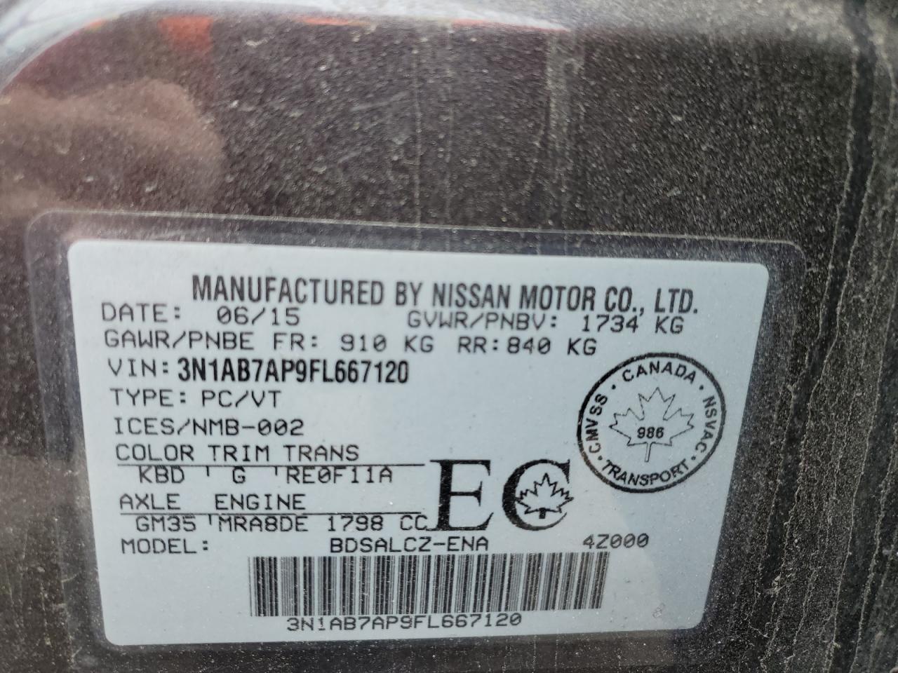 3N1AB7AP9FL667120 2015 Nissan Sentra S