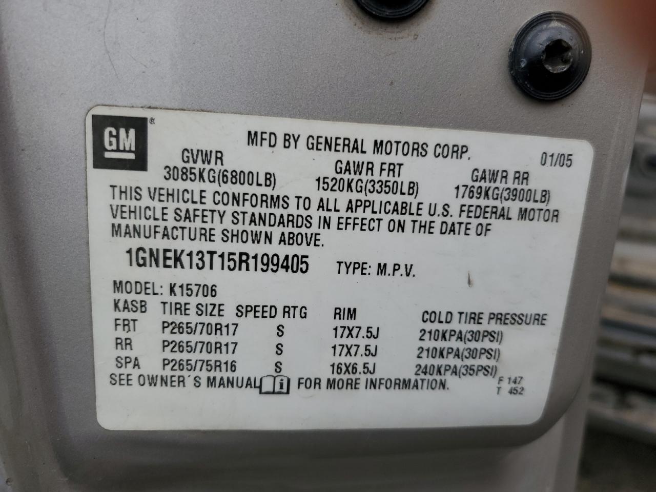 1GNEK13T15R199405 2005 Chevrolet Tahoe K1500