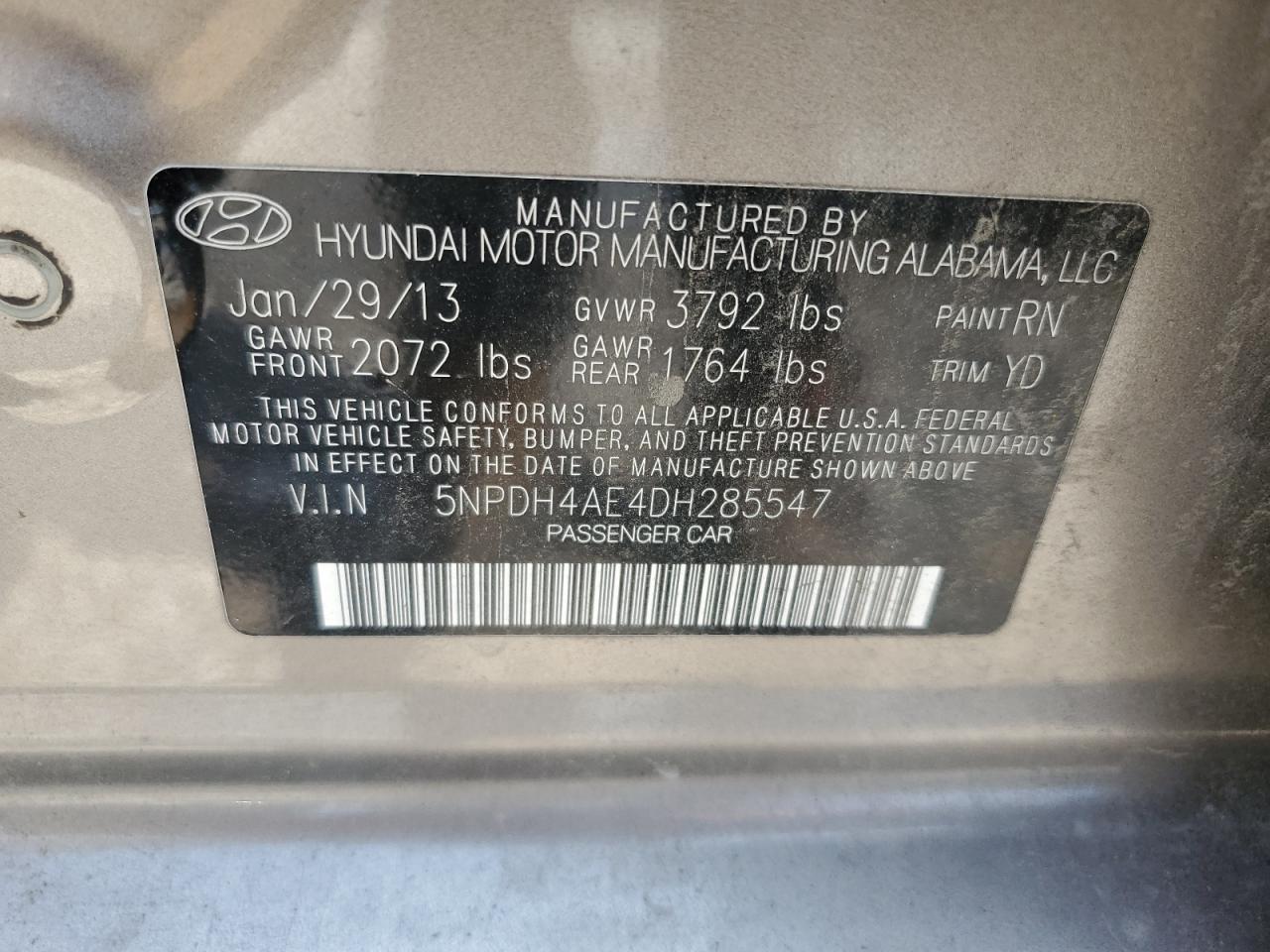 5NPDH4AE4DH285547 2013 Hyundai Elantra Gls