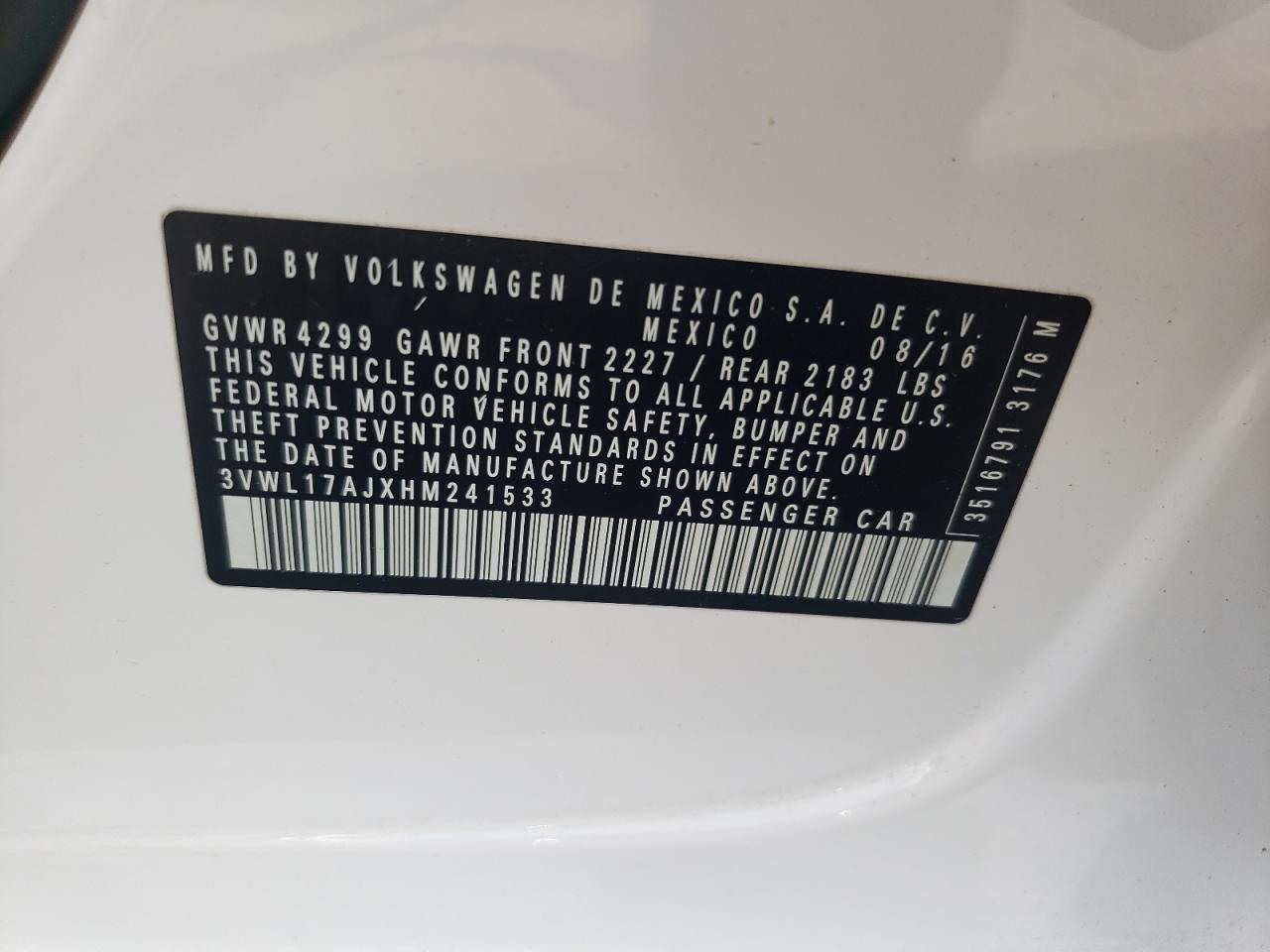 3VWL17AJXHM241533 2017 Volkswagen Jetta Sel