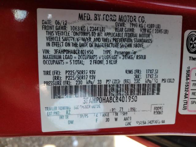 2012 Ford Fusion Se VIN: 3FAHP0HA8CR401950 Lot: 55362044