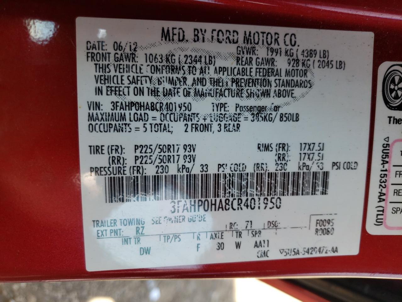 3FAHP0HA8CR401950 2012 Ford Fusion Se