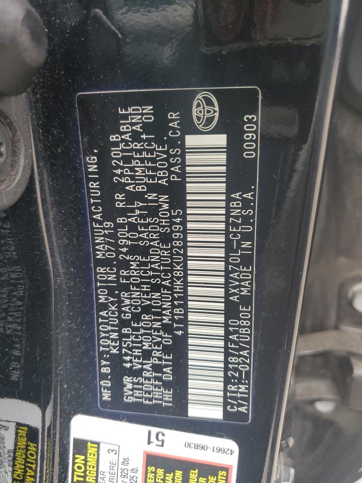 4T1B11HK8KU289945 2019 Toyota Camry L