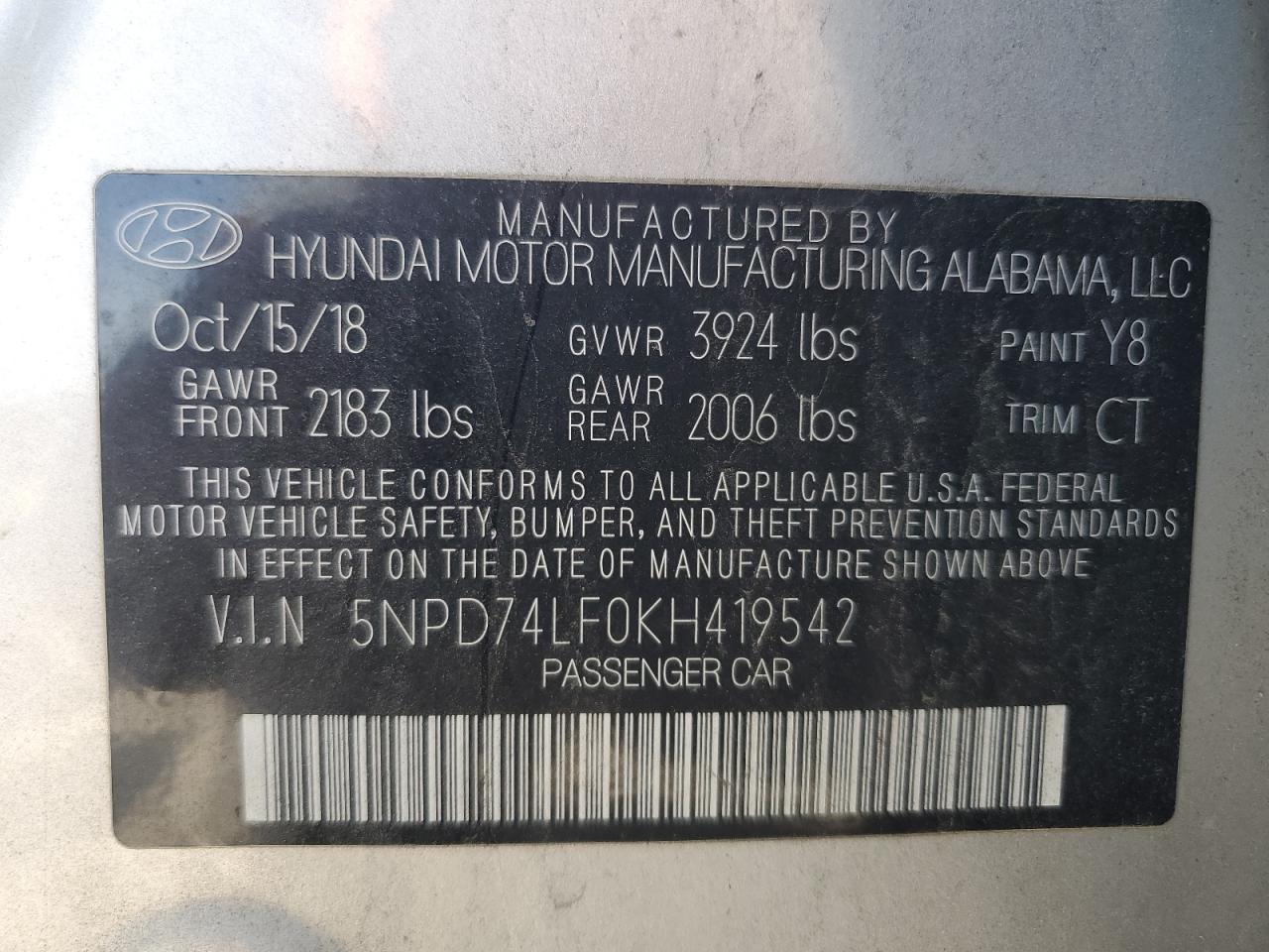 5NPD74LF0KH419542 2019 Hyundai Elantra Se
