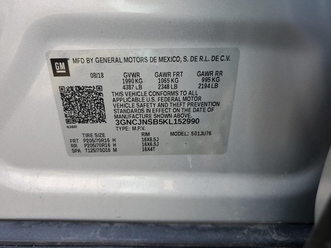 3GNCJNSB5KL152990 2019 Chevrolet Trax Ls