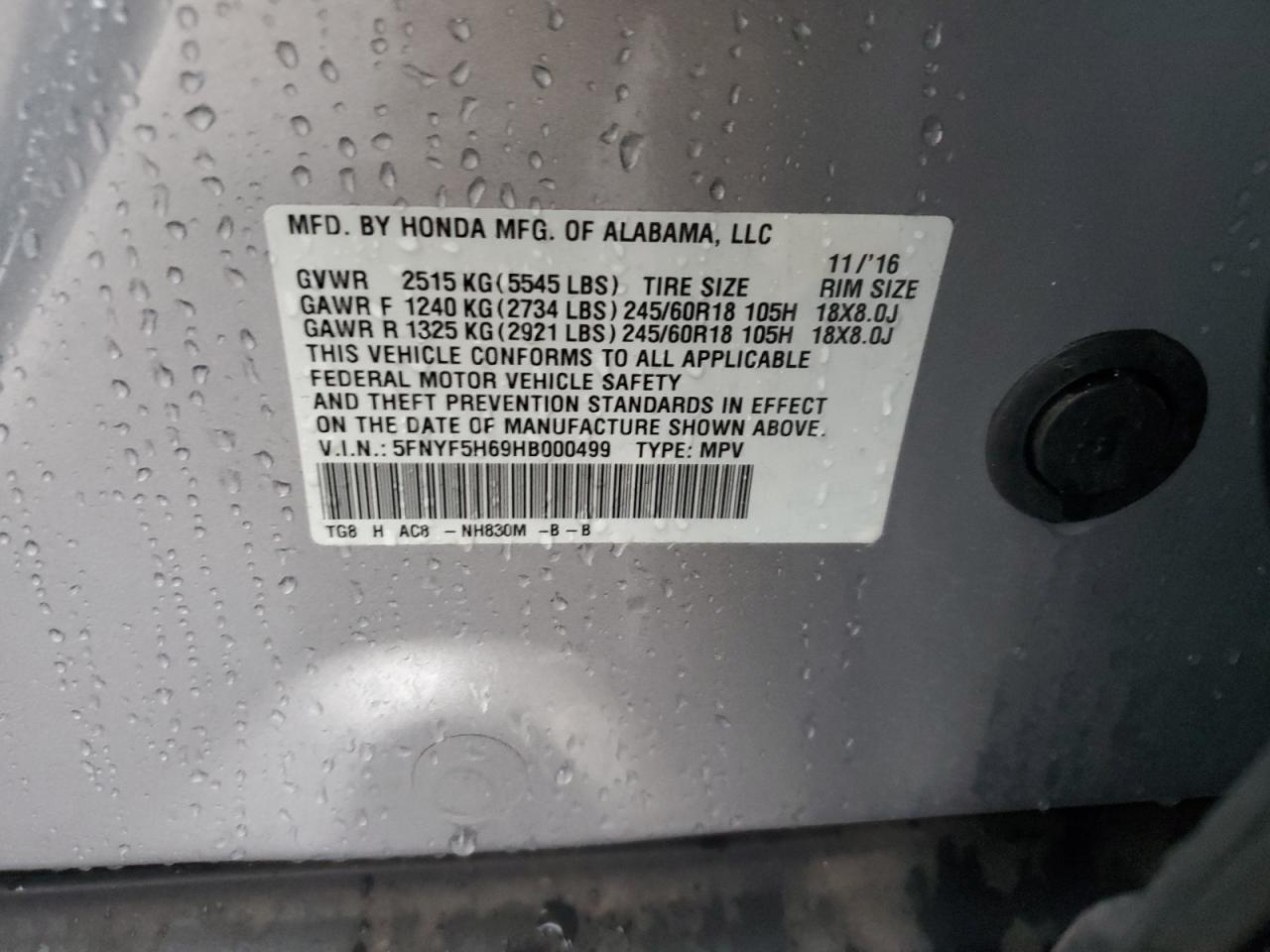 5FNYF5H69HB000499 2017 Honda Pilot Exl