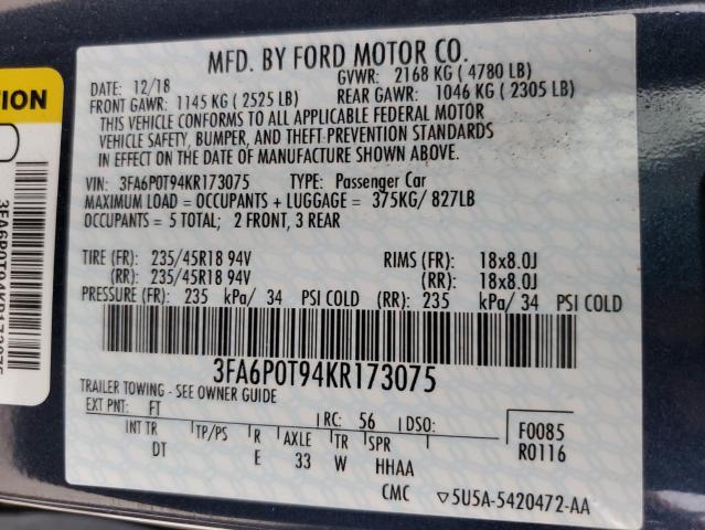 3FA6P0T94KR173075 2019 FORD FUSION - Image 12