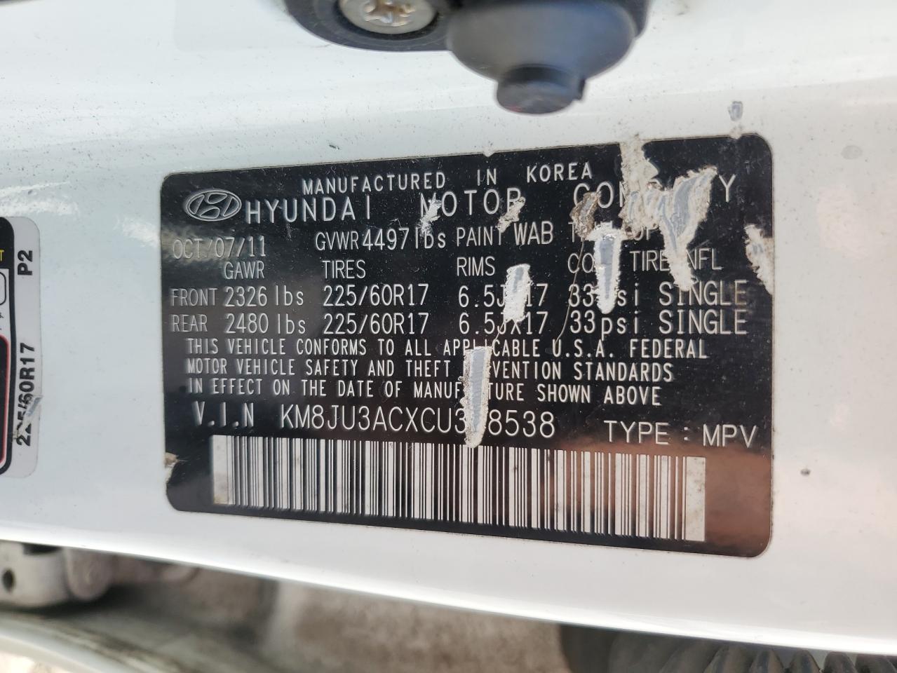 KM8JU3ACXCU398538 2012 Hyundai Tucson Gls