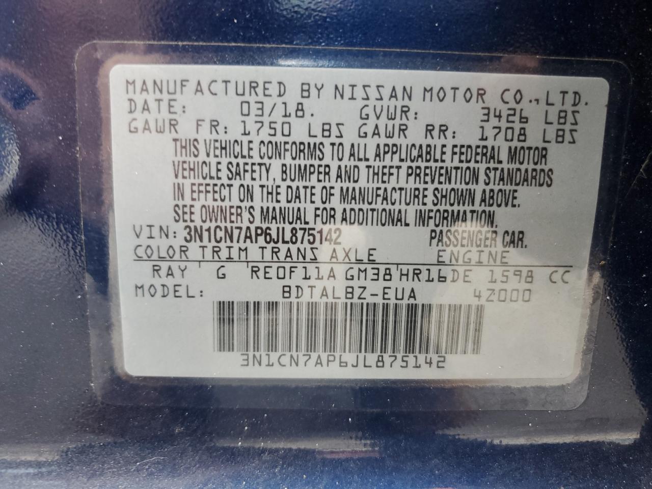 3N1CN7AP6JL875142 2018 Nissan Versa S