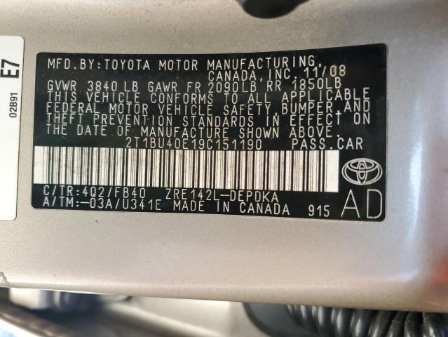 2009 Toyota Corolla Base VIN: 2T1BU40E19C151190 Lot: 56104144