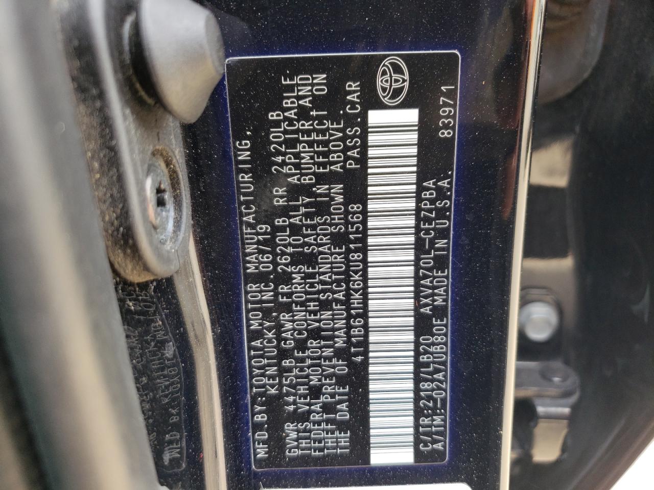 4T1B61HK6KU811568 2019 Toyota Camry Xse