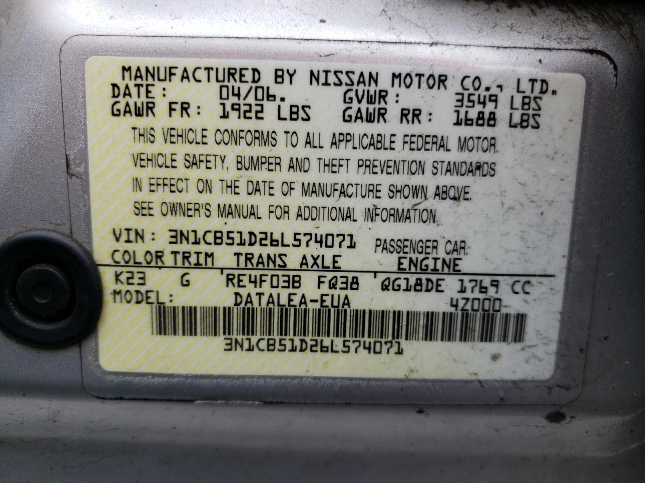 3N1CB51D26L574071 2006 Nissan Sentra 1.8