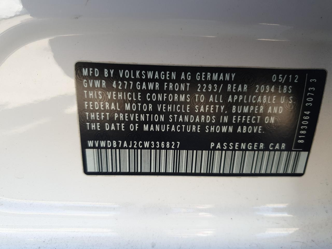 WVWDB7AJ2CW336827 2012 Volkswagen Golf