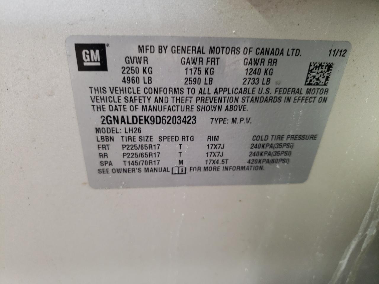 2GNALDEK9D6203423 2013 Chevrolet Equinox Lt