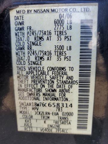 2006 Nissan Pathfinder Le VIN: 5N1AR18W76C658314 Lot: 55384084