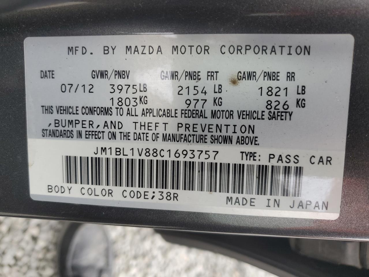 2012 Mazda 3 I vin: JM1BL1V88C1693757