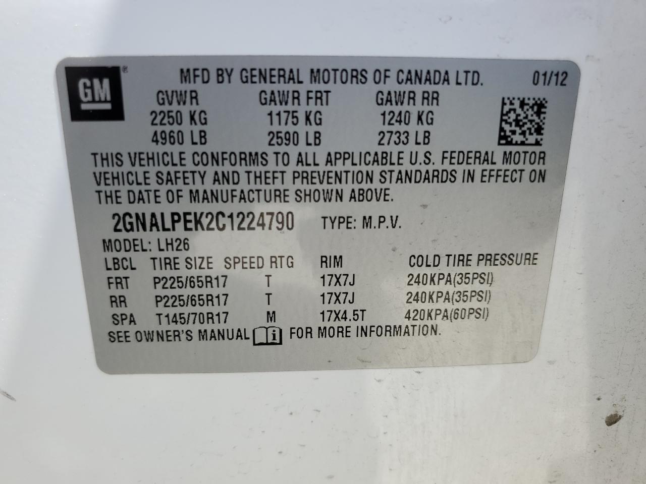 2GNALPEK2C1224790 2012 Chevrolet Equinox Lt