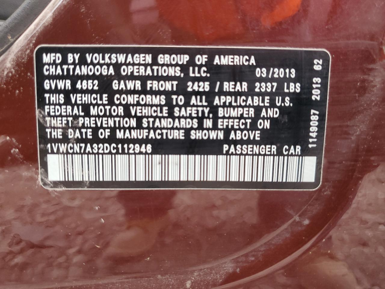 1VWCN7A32DC112946 2013 Volkswagen Passat Sel