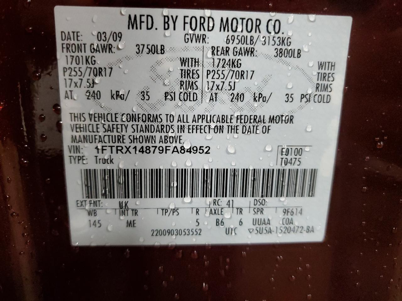 1FTRX14879FA84952 2009 Ford F150 Super Cab
