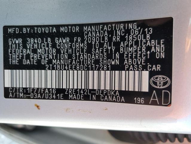 2013 Toyota Corolla Base VIN: 2T1BU4EE8DC117281 Lot: 53599004