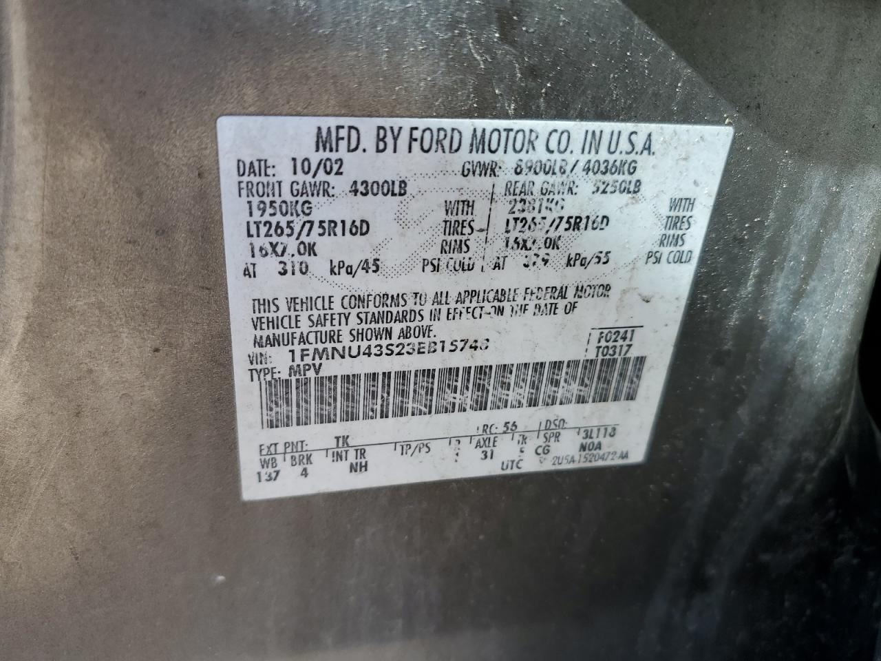 1FMNU43S23EB15748 2003 Ford Excursion Limited