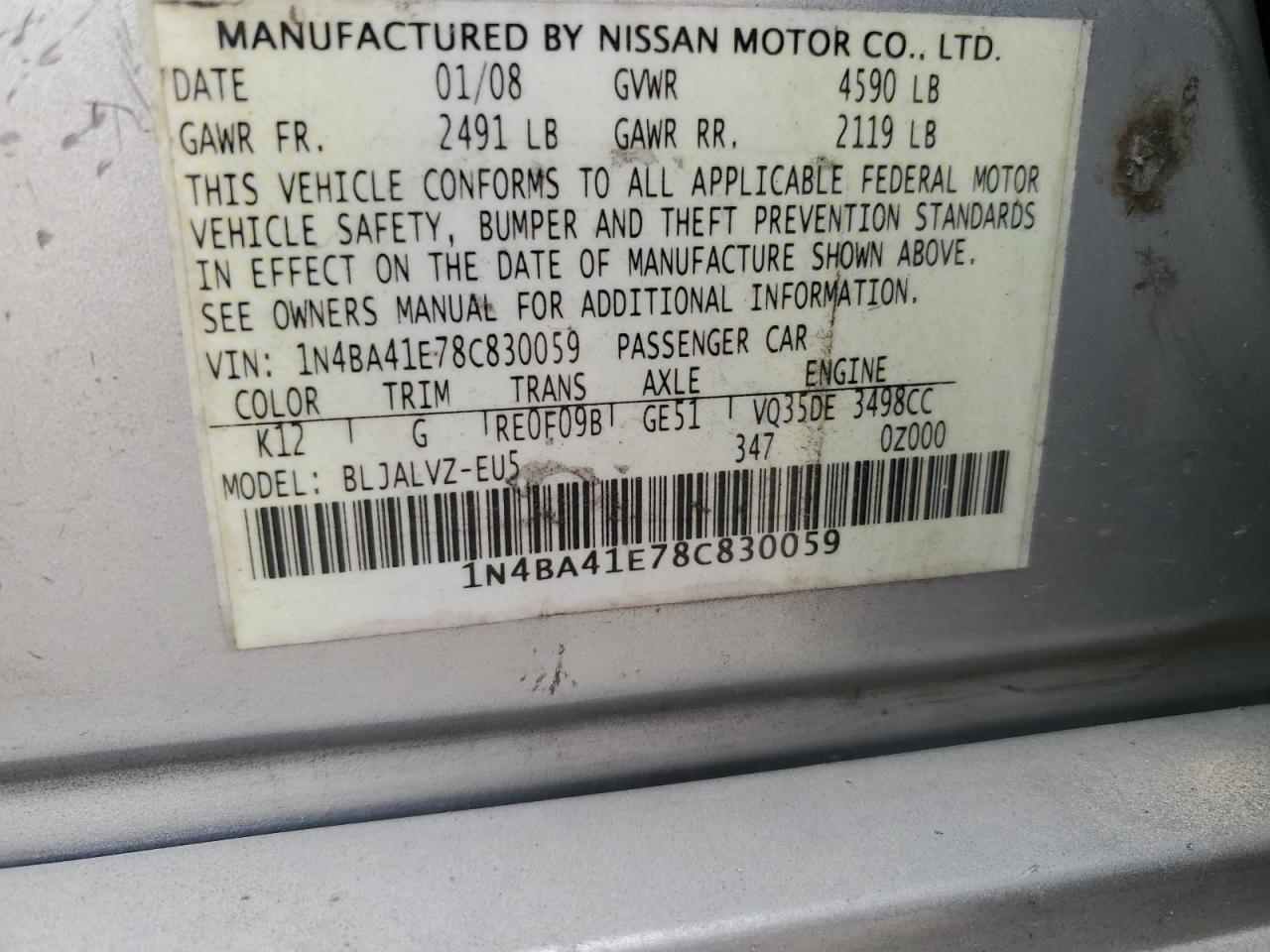 1N4BA41E78C830059 2008 Nissan Maxima Se