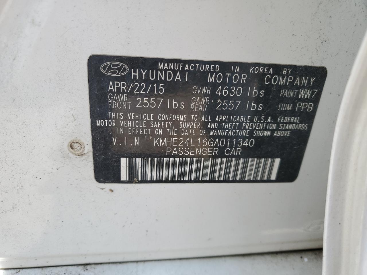 KMHE24L16GA011340 2016 Hyundai Sonata Hybrid