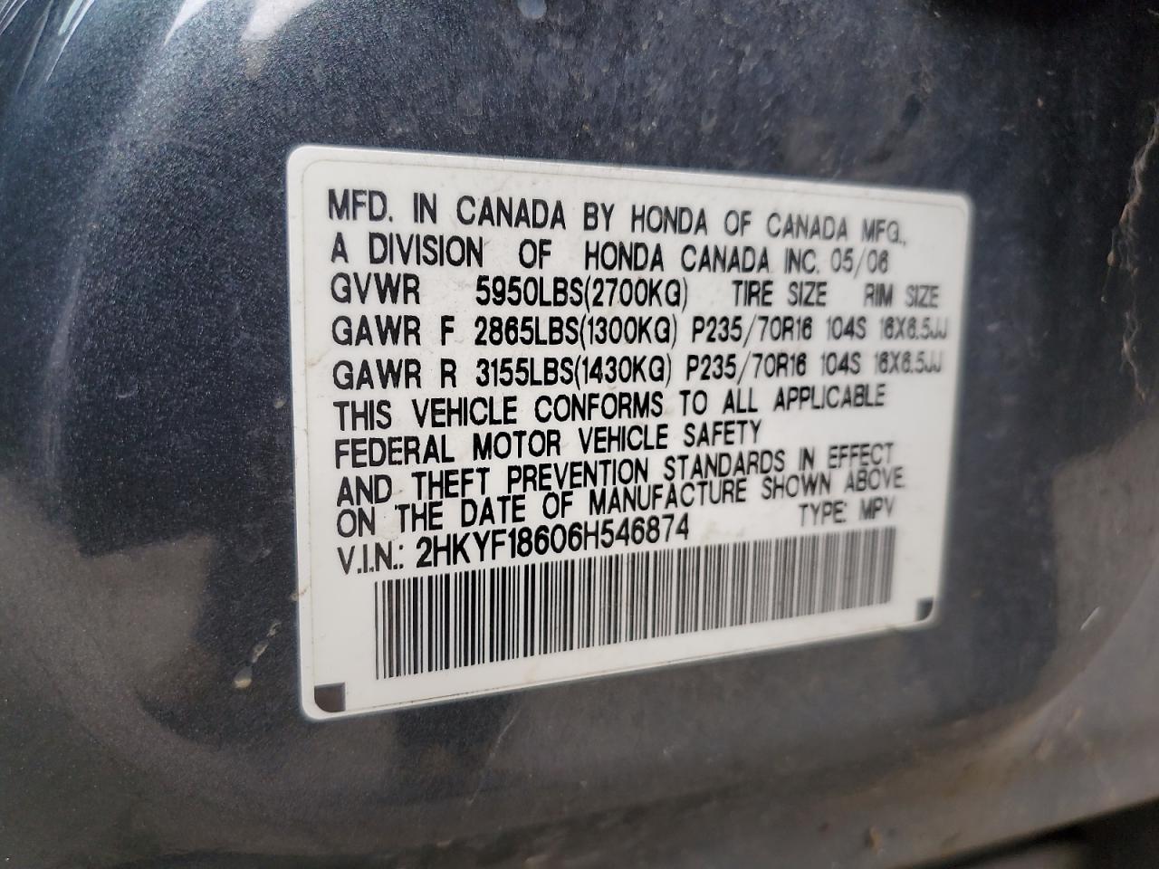 2HKYF18606H546874 2006 Honda Pilot Ex