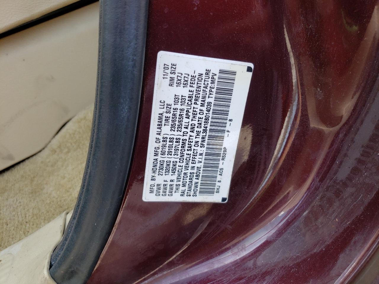 5FNRL38418B014039 2008 Honda Odyssey Ex