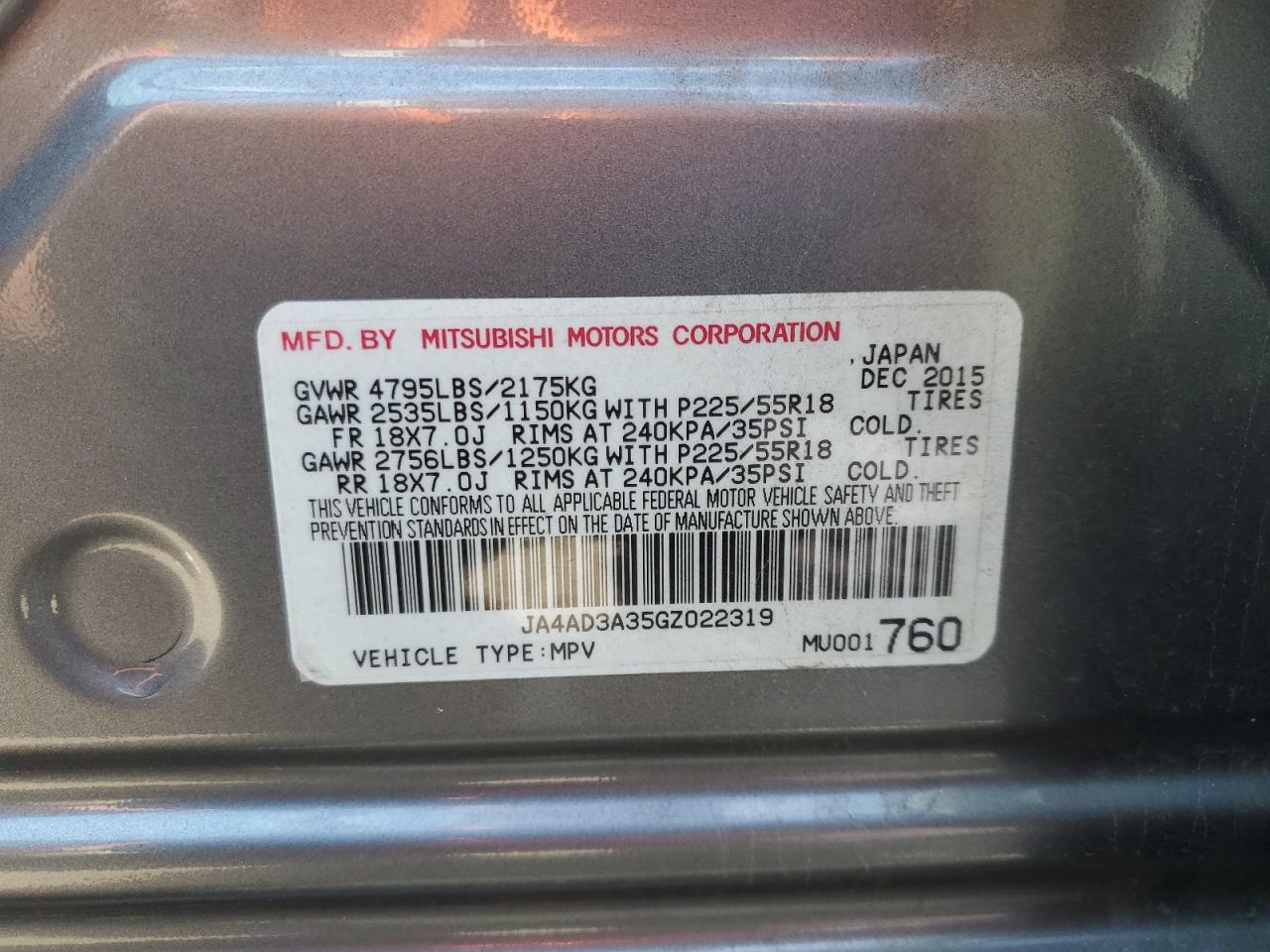 JA4AD3A35GZ022319 2016 Mitsubishi Outlander Se