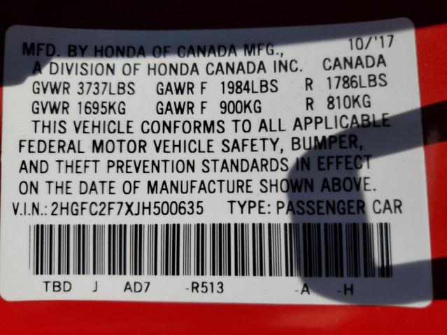 2018 Honda Civic Ex VIN: 2HGFC2F7XJH500635 Lot: 53792664