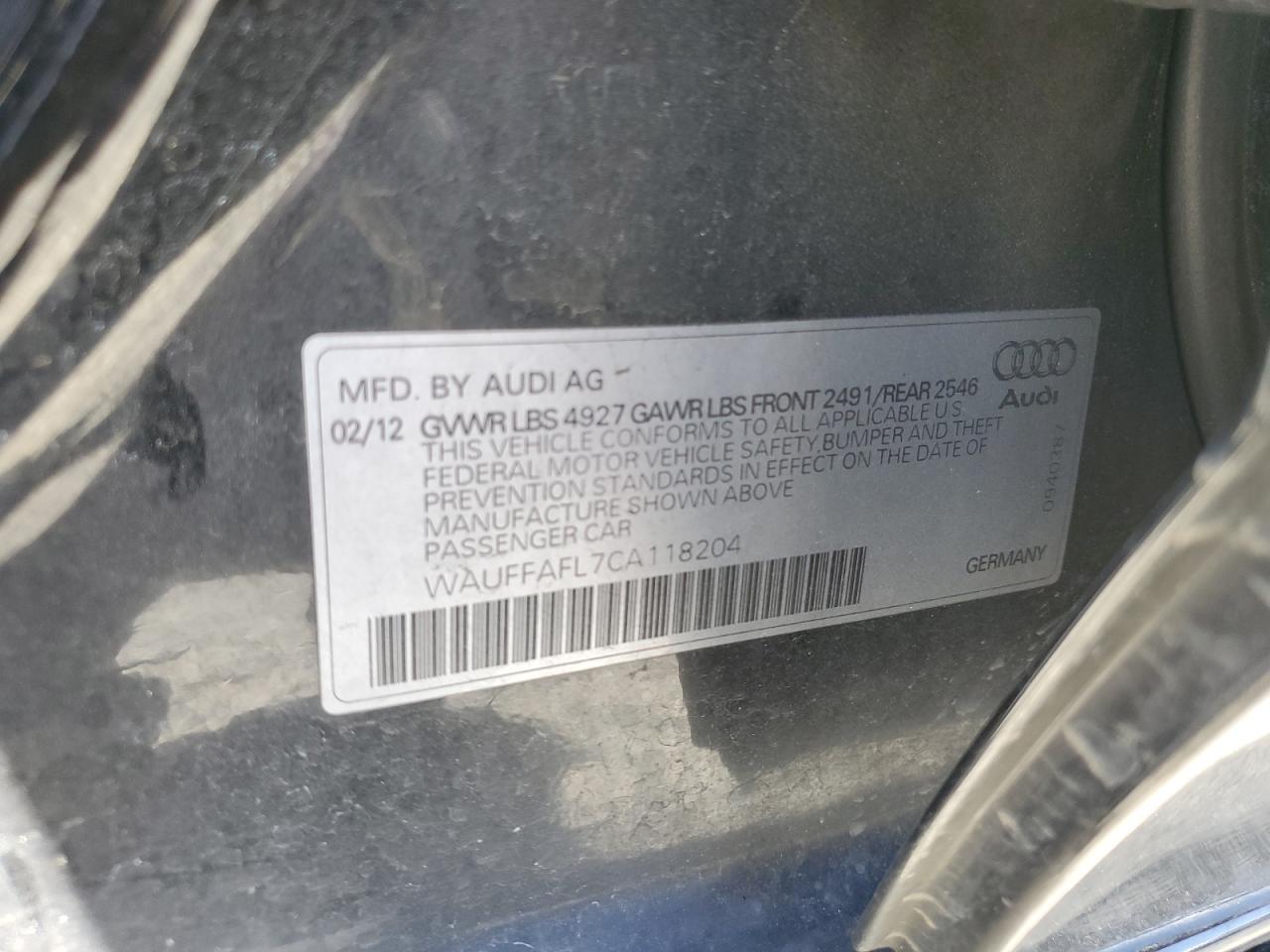 WAUFFAFL7CA118204 2012 Audi A4 Premium Plus