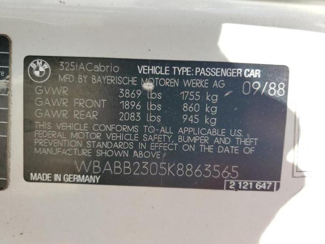 1989 BMW 325 I Automatic VIN: WBABB2305K8863565 Lot: 56007484