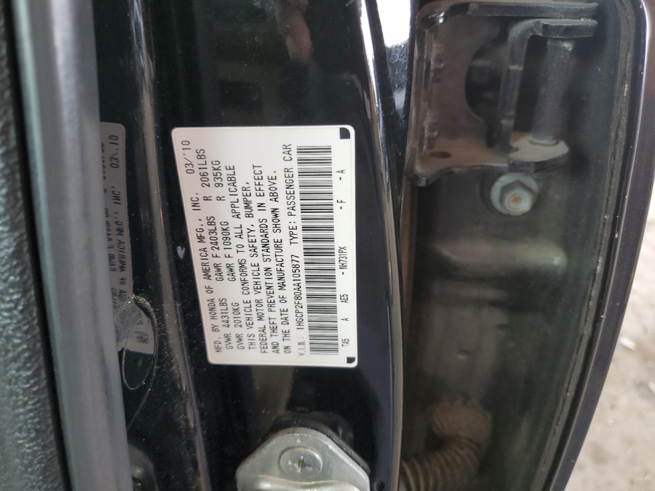 1HGCP2F80AA105877 2010 Honda Accord Exl