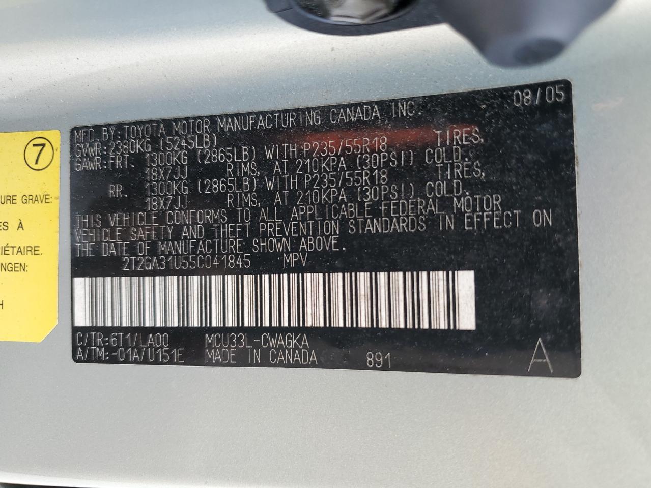 2T2GA31U55C041845 2005 Lexus Rx 330