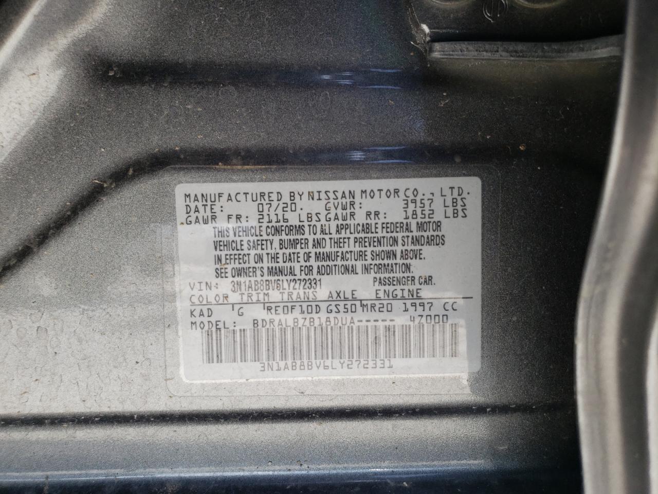 3N1AB8BV6LY272331 2020 Nissan Sentra S