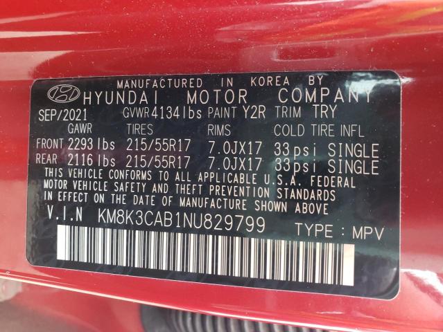 2022 Hyundai Kona Sel VIN: KM8K3CAB1NU829799 Lot: 55444564