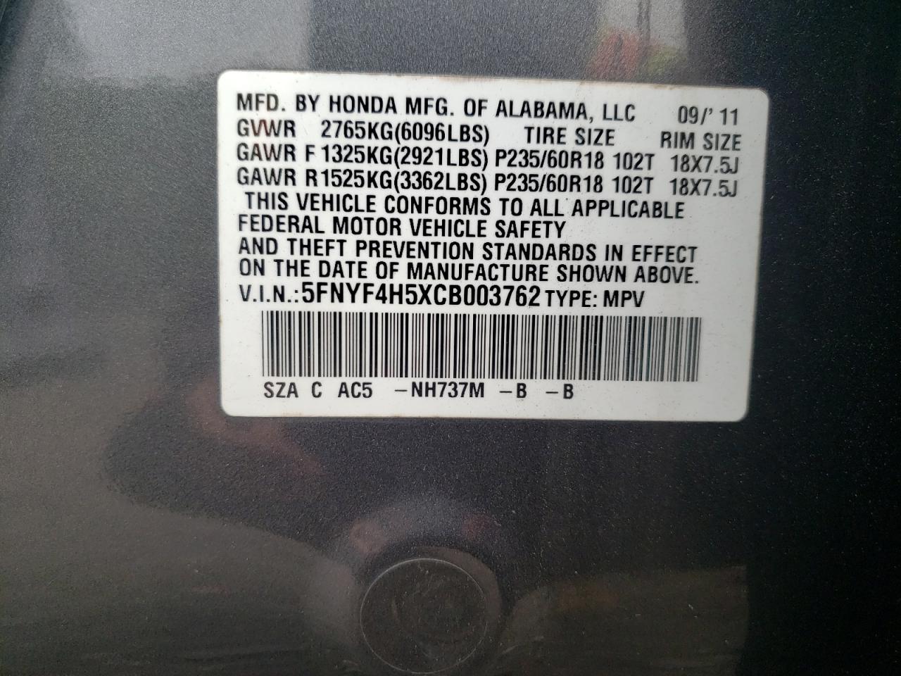 5FNYF4H5XCB003762 2012 Honda Pilot Exl