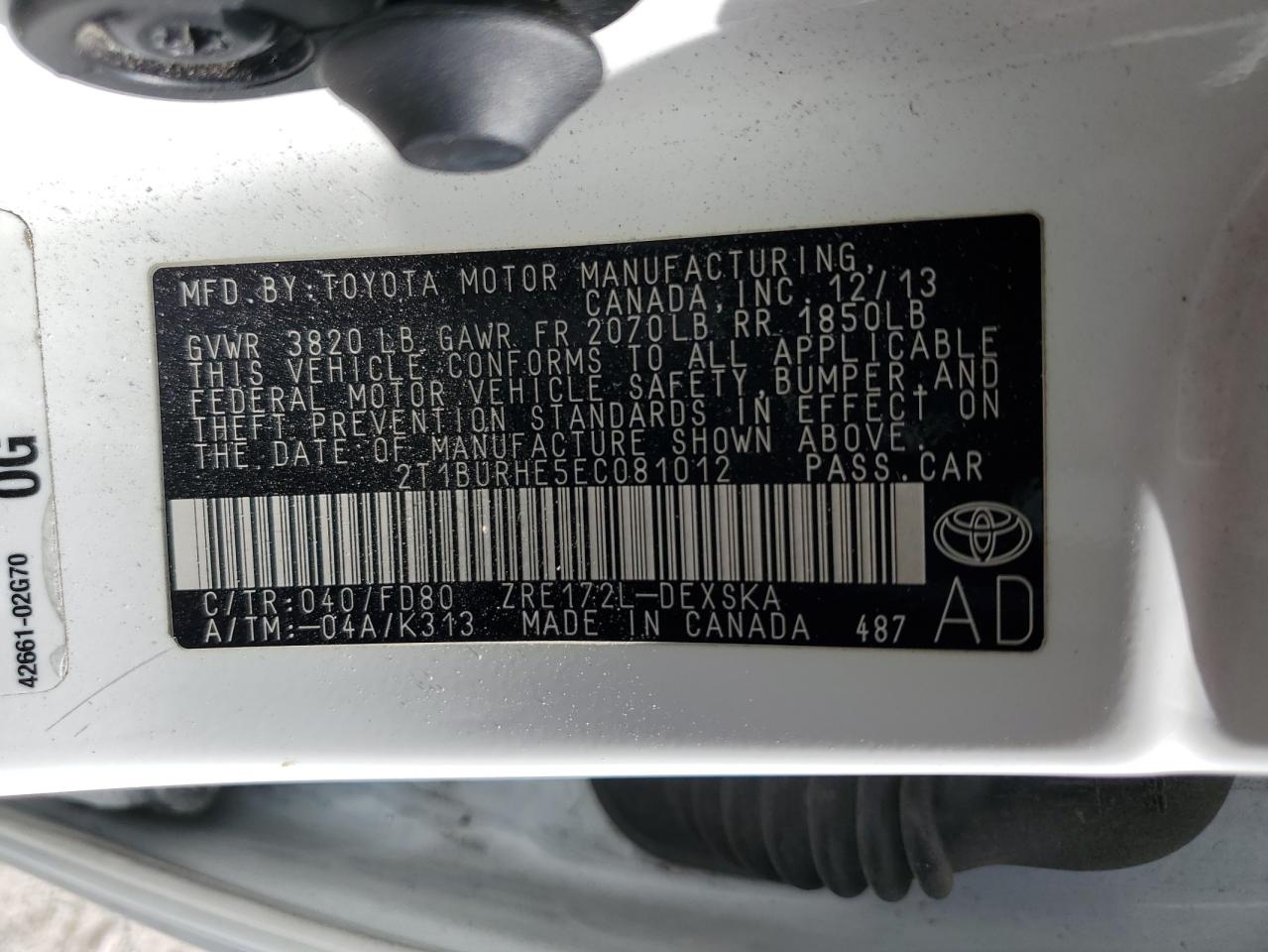 2T1BURHE5EC081012 2014 Toyota Corolla L