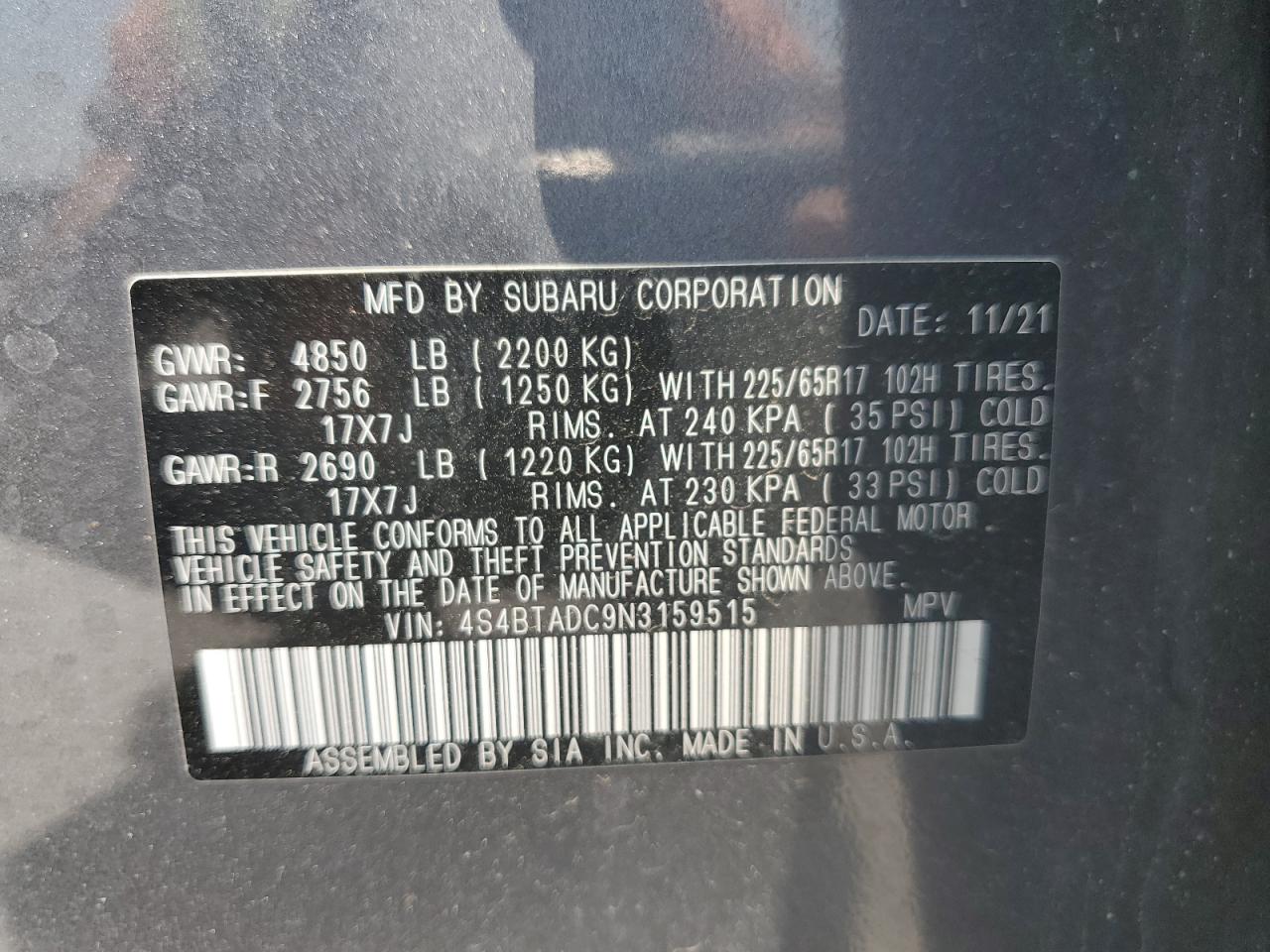 4S4BTADC9N3159515 2022 Subaru Outback Premium