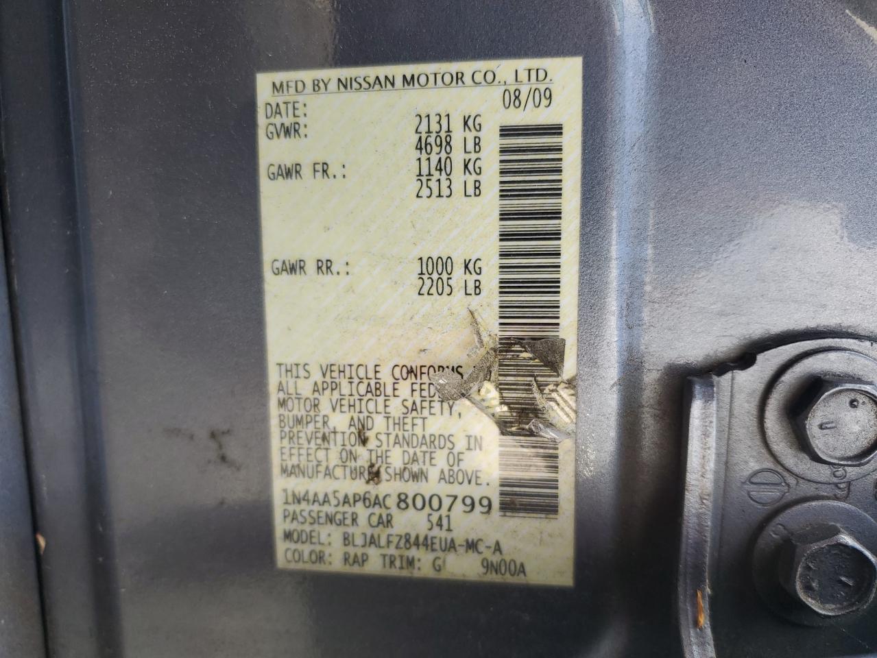 1N4AA5AP6AC800799 2010 Nissan Maxima S