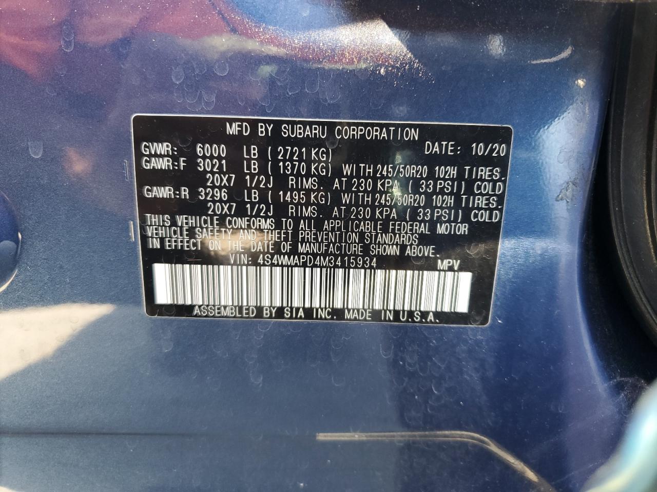 4S4WMAPD4M3415934 2021 Subaru Ascent Limited