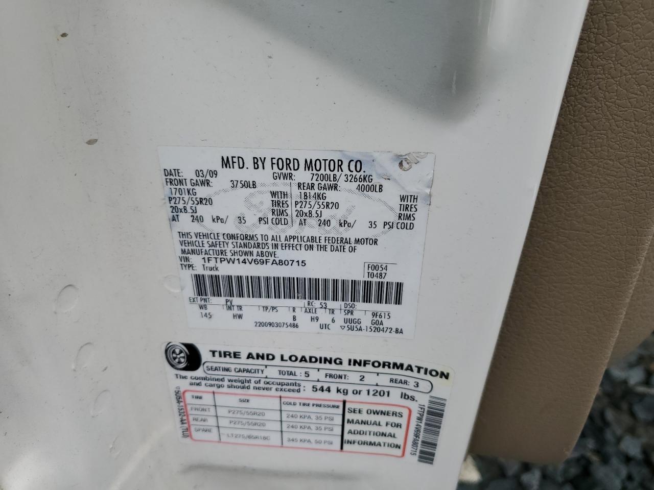 1FTPW14V69FA80715 2009 Ford F150 Supercrew