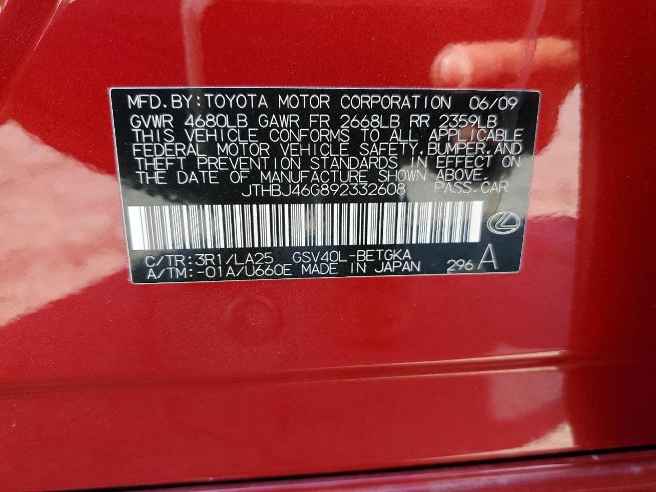 JTHBJ46G892332608 2009 Lexus Es 350