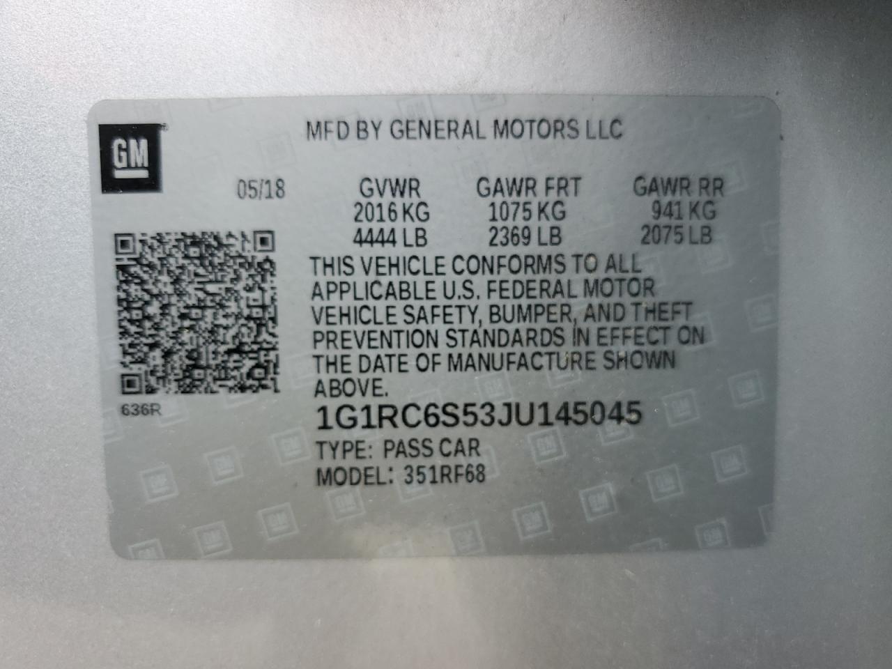 1G1RC6S53JU145045 2018 Chevrolet Volt Lt