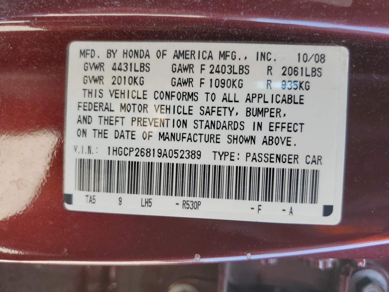 1HGCP26819A052389 2009 Honda Accord Exl