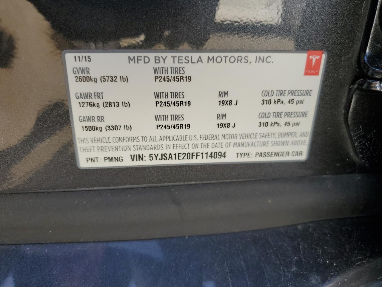 2015 Tesla Model S vin: 5YJSA1E20FF114094