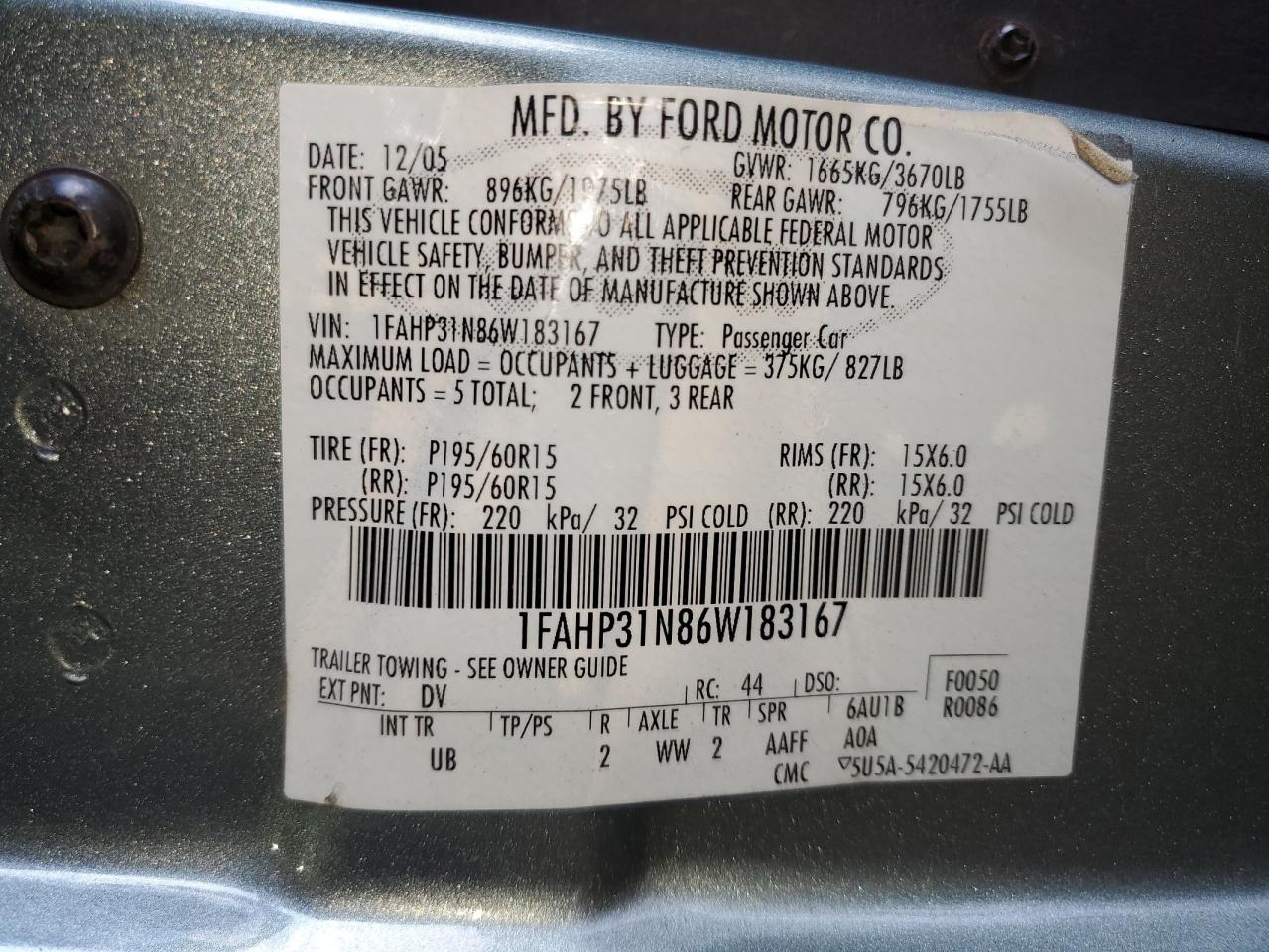 1FAHP31N86W183167 2006 Ford Focus Zx3