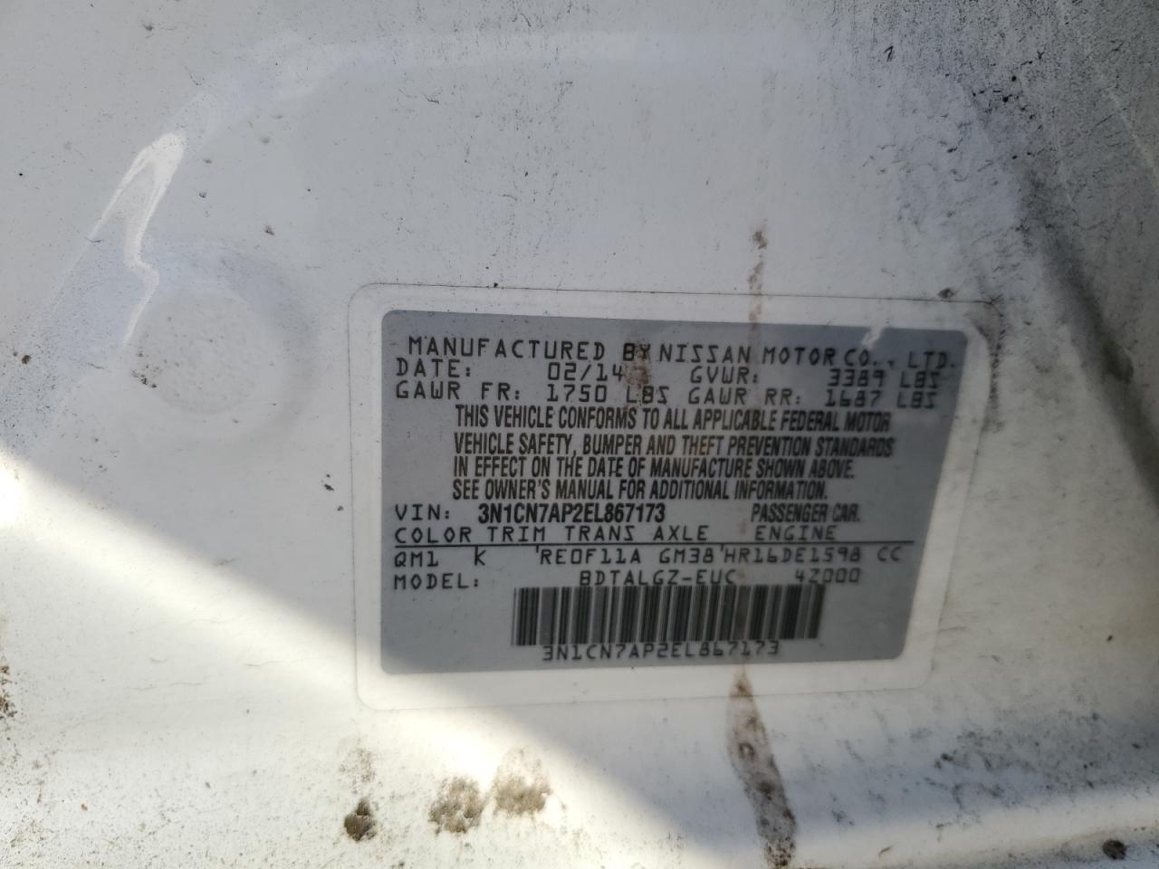 3N1CN7AP2EL867173 2014 Nissan Versa S